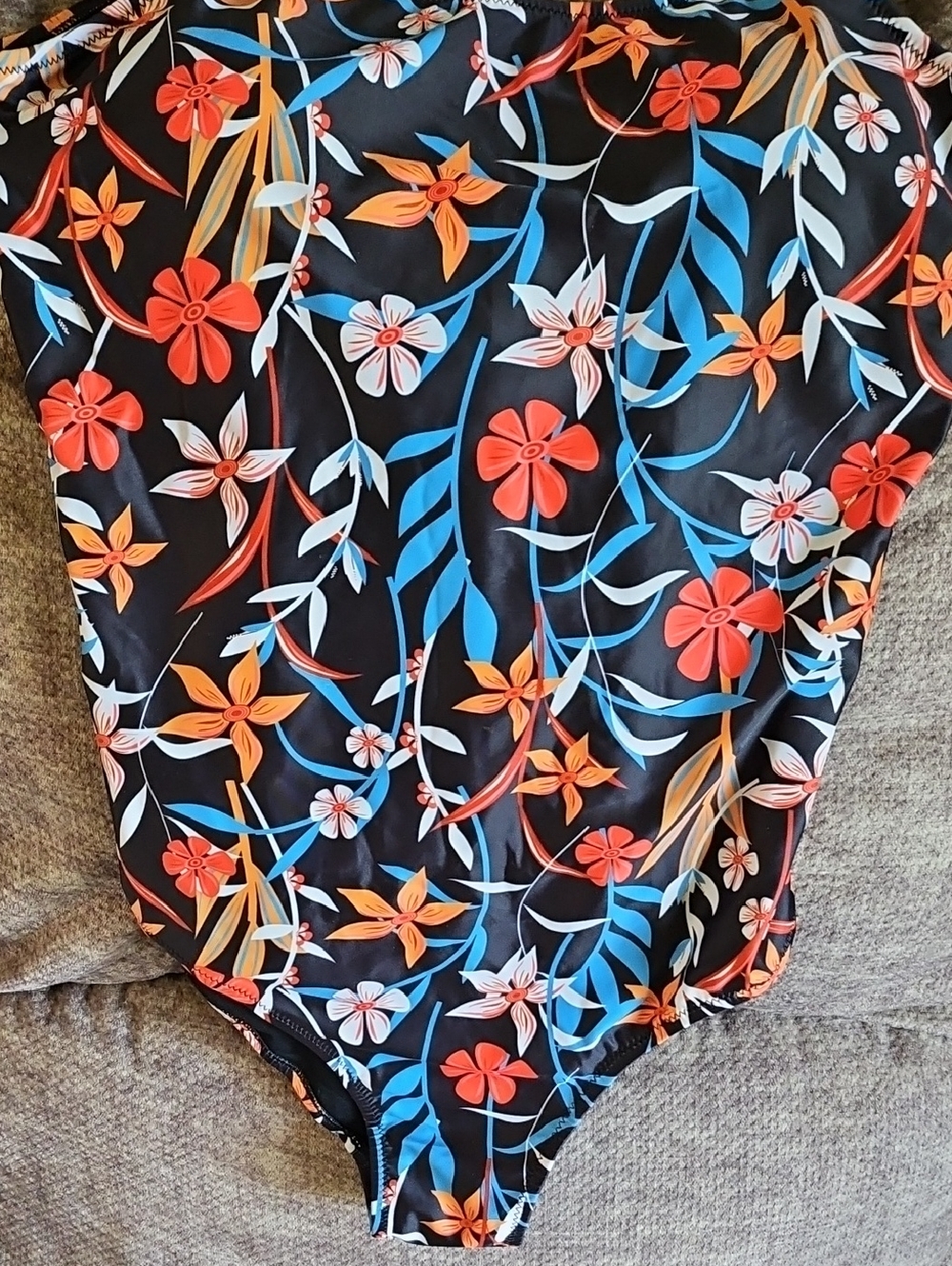 Floral One-Piece Swimsuit in Black with Orange & Blue Flowers